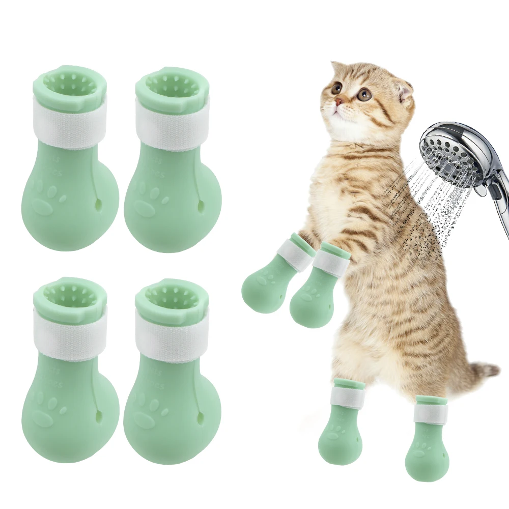 Adjustable Cut Nails Bath Anti-Scratch Bite Washing Silicone Paw Protector Boots Cat Feet Set