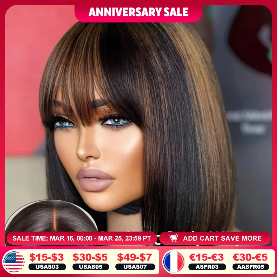 Evidenzia parrucca bionda corta BOB 3x1 in pizzo senza colla per capelli umani pronta per andare brasiliana P1B / 30 dritto Bob Bone con frangia per le donne