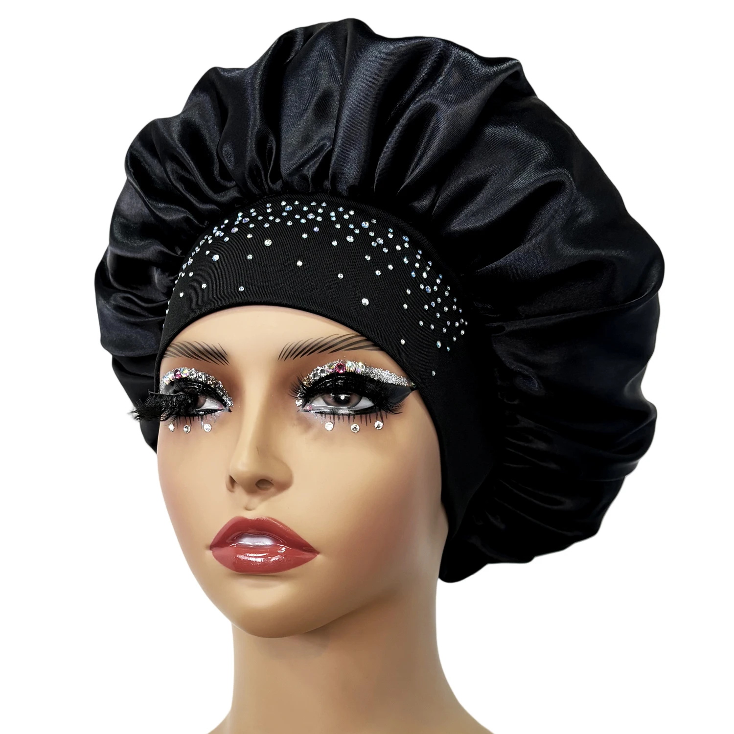 Newly Women Satin Night Sleep Cap Luxury Rhinestone Hair Bonnet Hat Shower Cap Bathroom Hair Accessories Turban Headwrap