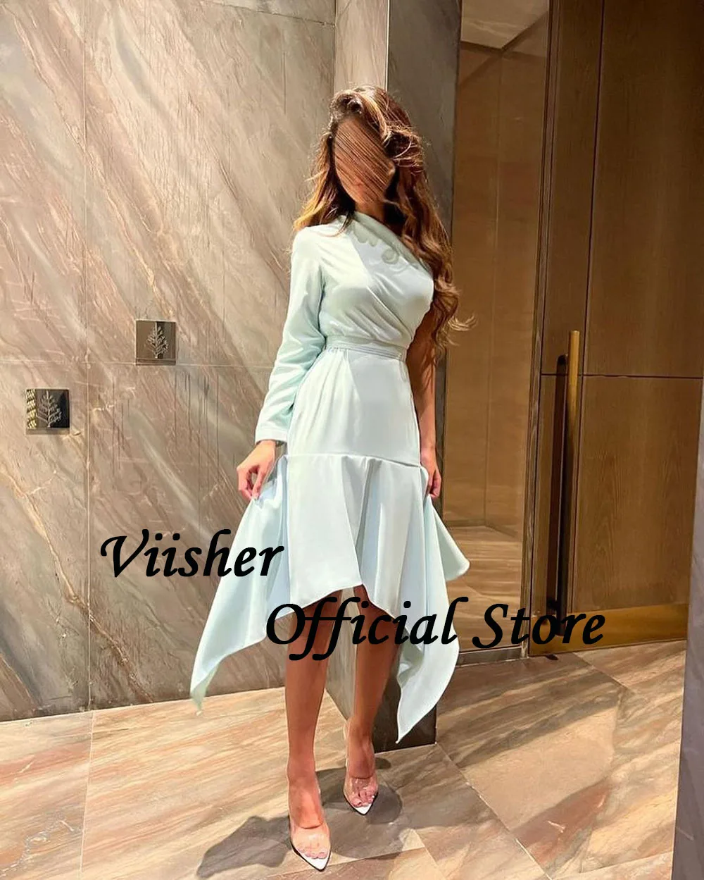 Viisher Aqua Mermaid abiti da sera una spalla pieghe raso stretto partito Prom Dress lunghezza del tè Dubai abito formale arabo