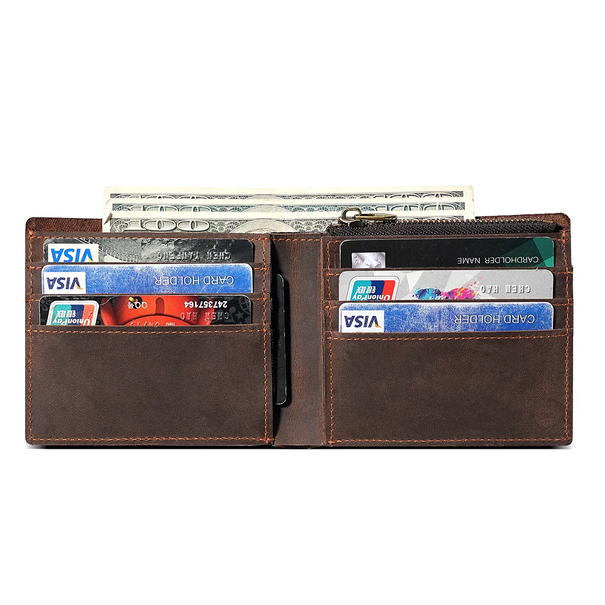 Vintage Full-Grain Crazy Horse Leather Wallet for Men, Multi-Card RFID Trifold with Zipper Coin Pocket, Distressed Brown Billfol