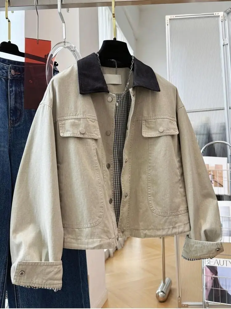Women Cropped Denim Jacket 2026 New Color Block Lapel Workwear Casual Short Outerwear Ladies Fashion Coat Tops