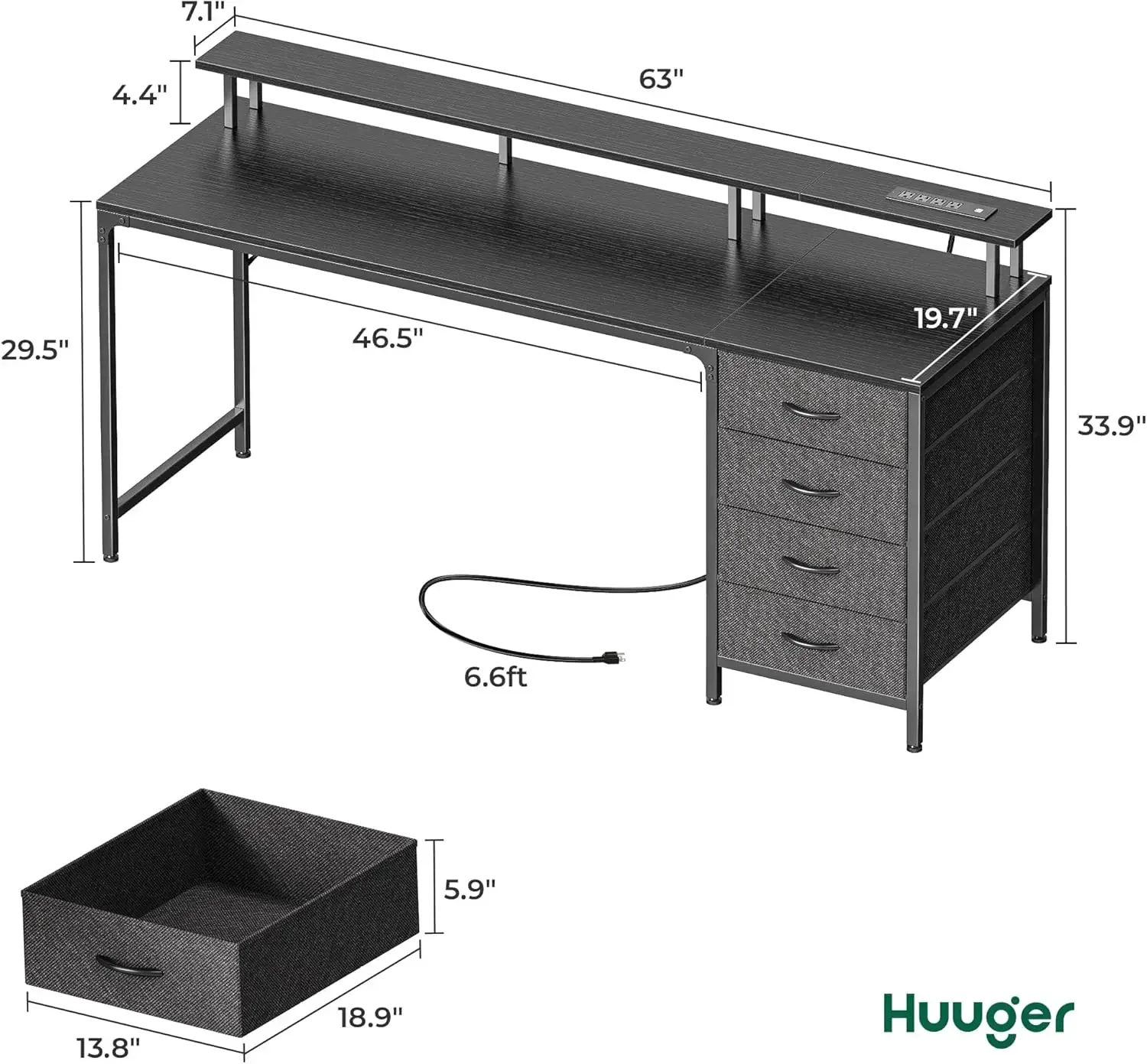 63 Inch Computer Desk with Power Outlets and LED Lights, Gaming Desk with 4 Drawers, Office Desk with Monitor Stand