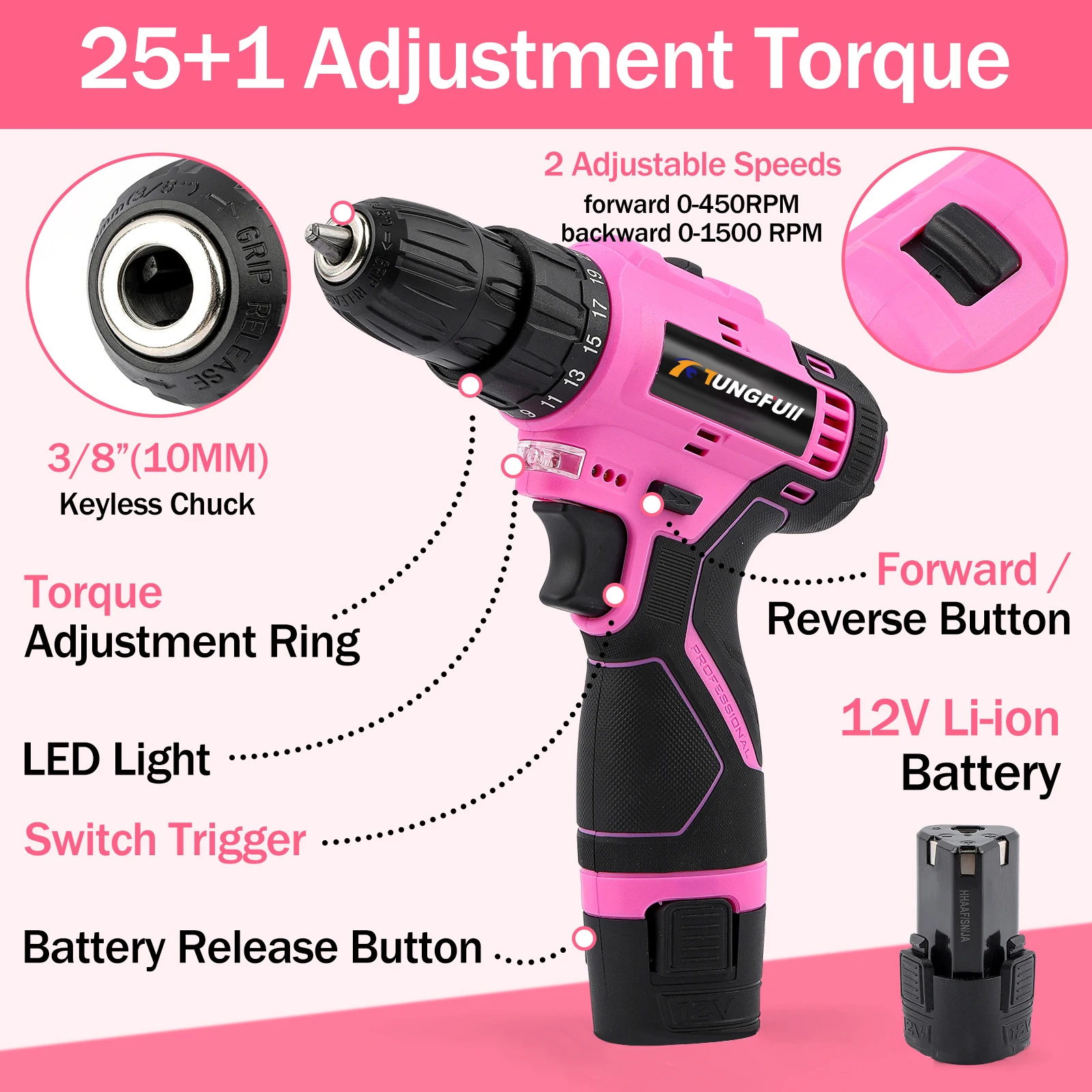 12V Cordless Drill Driver Kit Power Drill Driver Portable Home Decor Kit Screwdriver Drill Set Pink for Women DIY Enthusiasts