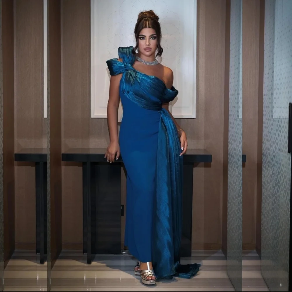 

Blue Formal Party Long Bespoke Occasion Gown Evening Dresses Pastrol Unisex Jersey Retro Dubai Saudi Arabic Prom Customized