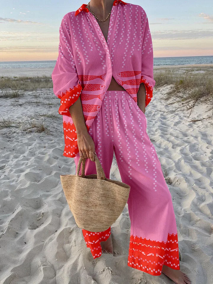 Modedruck Strand Urlaub 2-teiliges Set Damen Frühling Sommer Langarmshirt Top + weite Beine Damen Übergroßes zweiteiliges Outfit