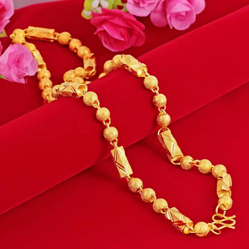 2026 Chinese Trendy Men's Vietnamese Sand Gold Hexagonal Cylinder Frosted Textured Semi Solid Necklace For Daily Wear Gift Jewel