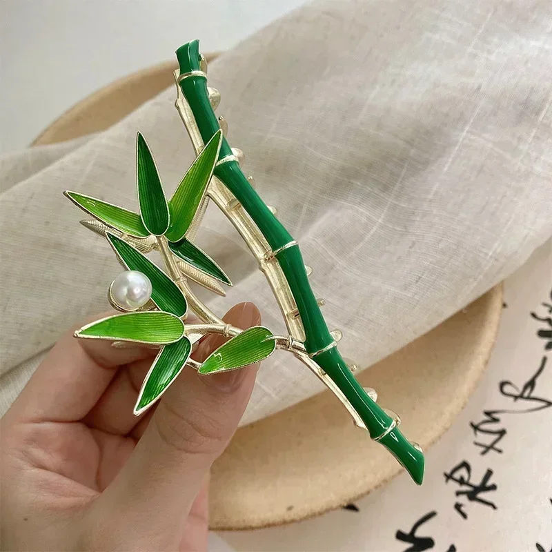 New Chinese Vintage Style Retro Fresh Green Bamboo Fashion Pearl Metal Hair Clip Personalized Design Women's Headwear Decoration