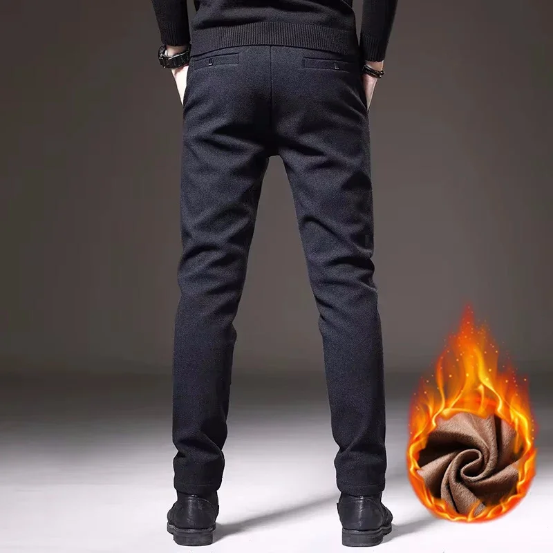 Pantalones cálidos informales de negocios para hombre, pantalones rectos ajustados con diseño de cordón, pantalones de lana gruesos, ropa coreana a la moda para hombre