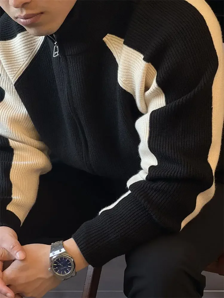Luxury Autumn Winter Knit Cardigan Men Clothes Zipper Jacket Business Casual Sweater Patchwork Warm Long Sleeve Outerwear Tops