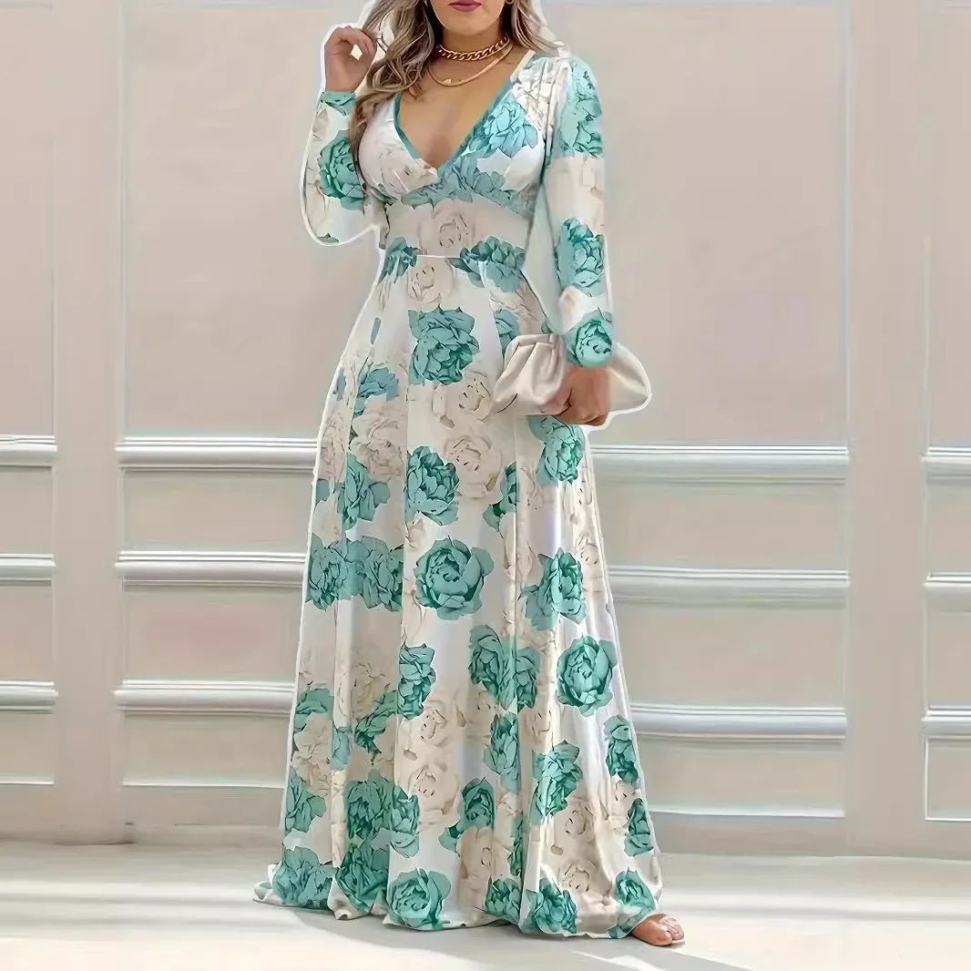 Elegant Dress for Women 2024 Autumn New Pullover V-neck Printed Long Sleeved Dresses with Large Swing Y2k Long Skirt Streetwear