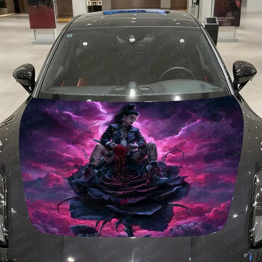 Rose And Punk Girl Car Hood Decorative Stickers. It Enhances The Aesthetic Of The Vehicle And Can Be Easily Applied To Metal Sur
