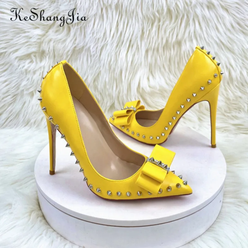 

Keshangjia Yellow Bow rivet Women Pointy Toe Stiletto High Heels Size 33-45 Punk Rivets Slip On Pumps Sexy Ladies Party Shoes