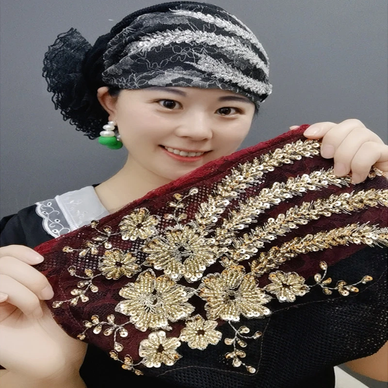 Lace Turban Hats for Women Muslim Headscarf Head Wraps Caps Female Daily Beanie Hair Cover Cap Glitter Diamonds Embroidery