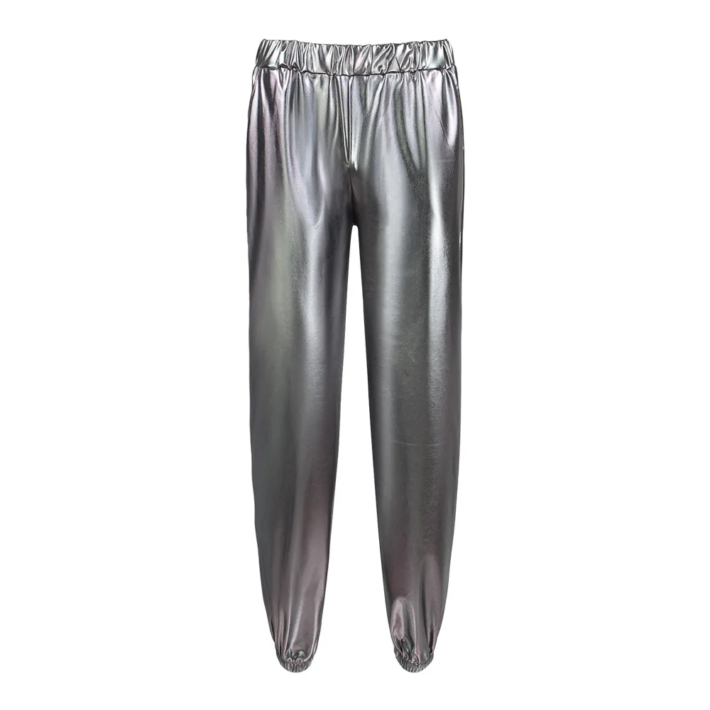 Loween تأثيري الذهب Eming الجلود الشارع الهيب هوب الاسمية أداء السراويل الليزر فضفاض المرأة السراويل المرحلة زي