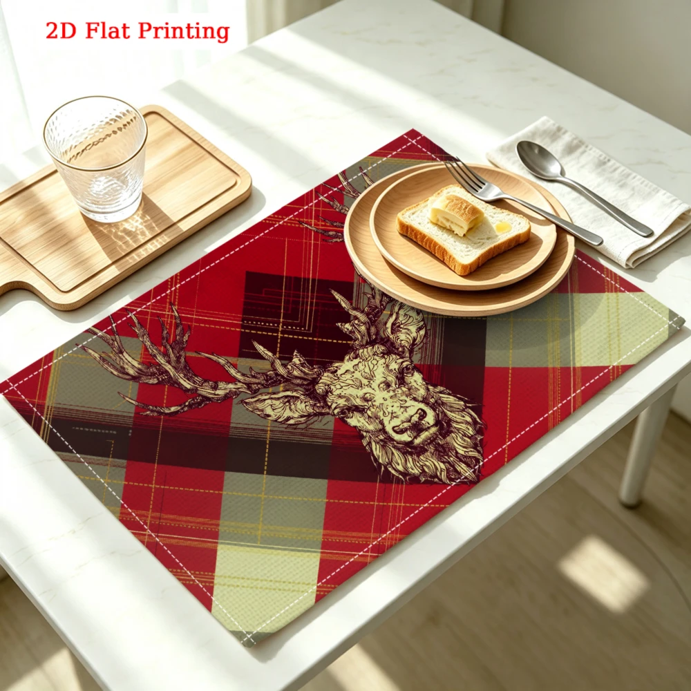 Red Plaid Stag Head Print Kitchen Placemat Coaster Linen Pad Dish Coffee Cup Table Mat 30x40cm Home Decor