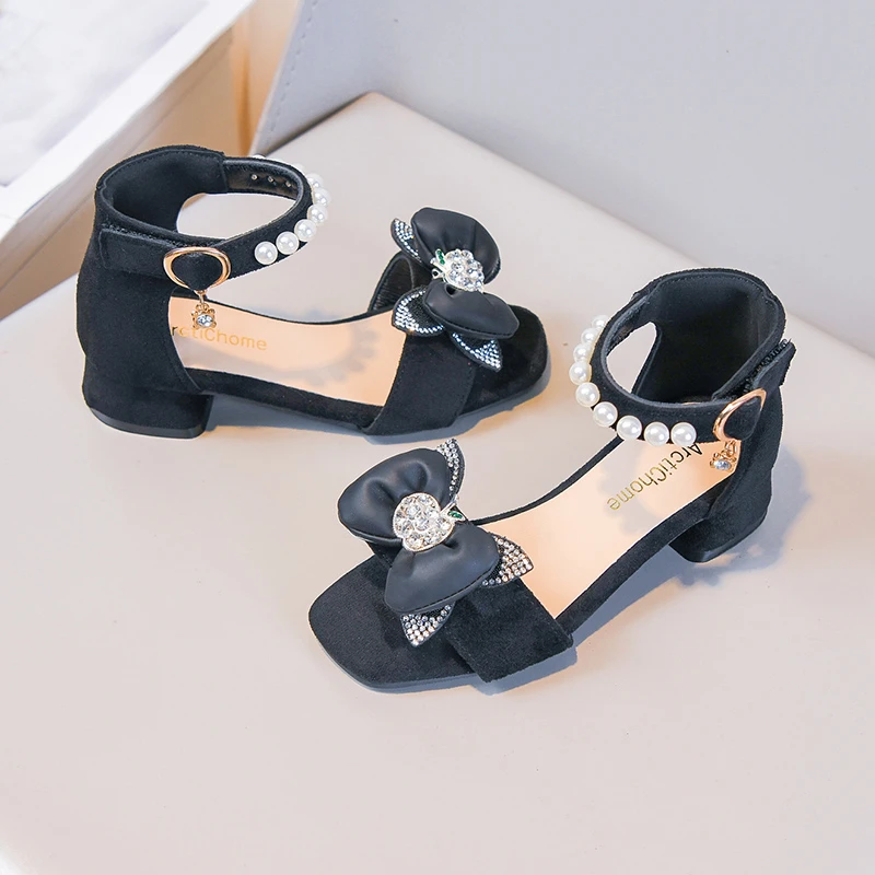 Little Girls High Heels Sandals with Shiny Beaded Bow 2026 New Summer Kids Dress Shoes Comfort Trendy School Dances Shoes Age5-8