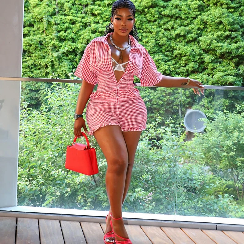 

New in Luxury Two Piece Set for Women 2025 Summer Casual Plaid Short Sleeve Ruffle Shirts and Shorts 2 Pieces Vacation Outfit