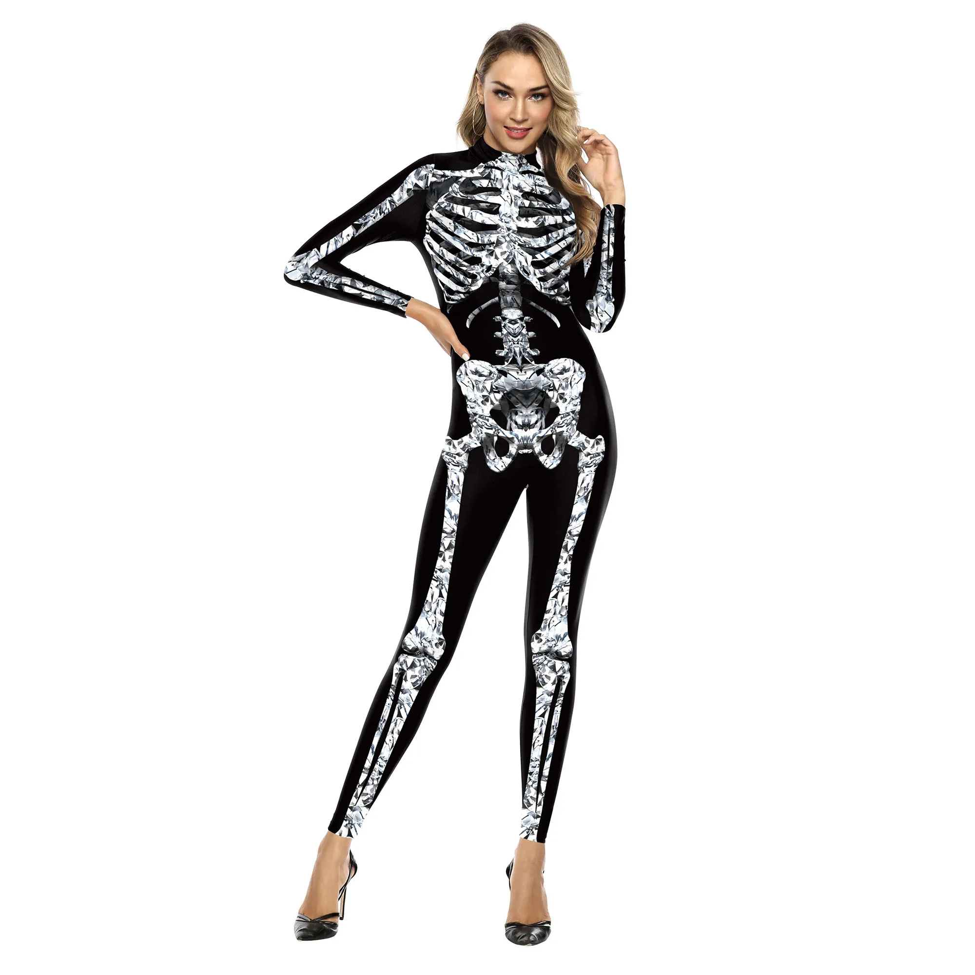 Fantasia Cosplay Halloween feminina, macacão extravagante com padrão de esqueleto azul, manga comprida, bodysuit de festa, macacão carnaval, roupas engraçadas