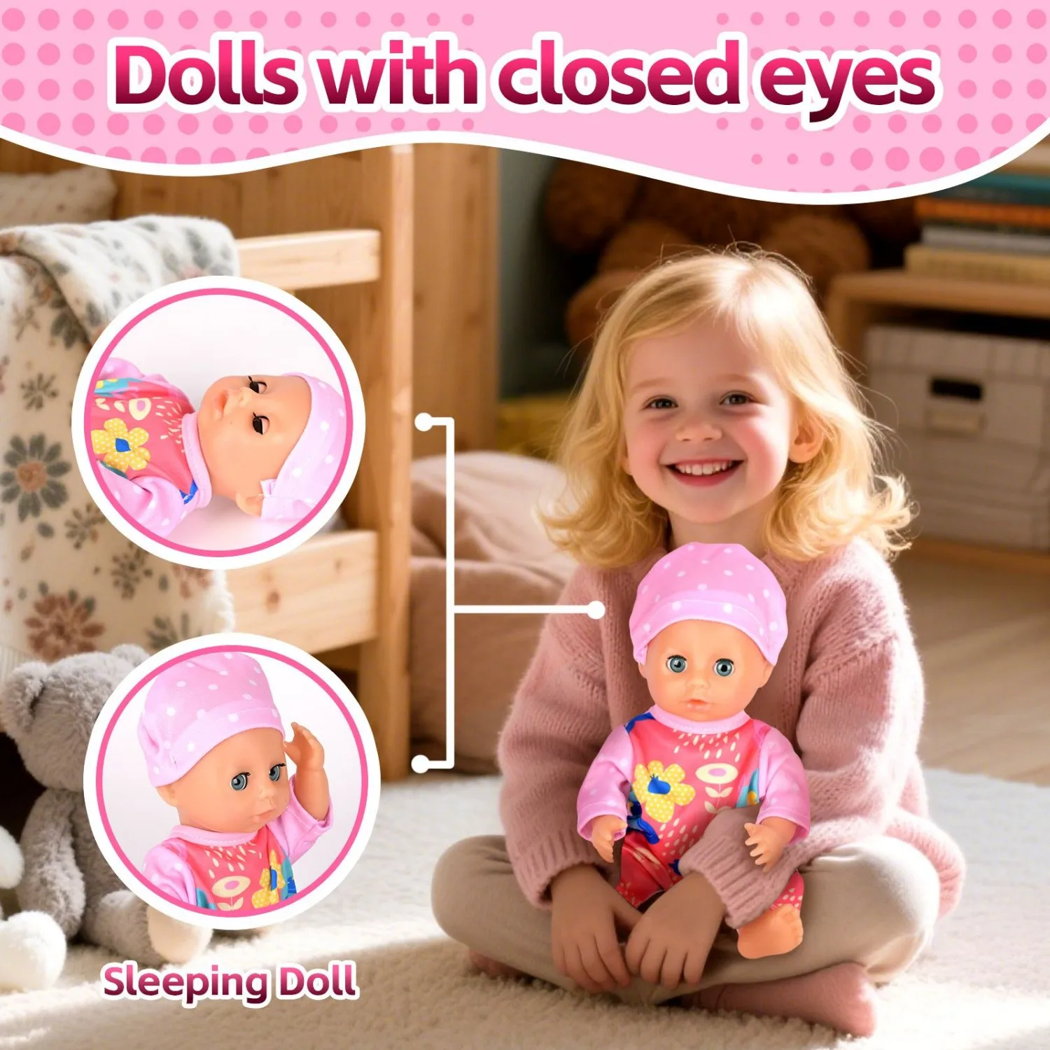 9 Inch Simulated Soft Baby Doll | Open Close Eyes | Pink Flower Jumpsuit & Hat | Perfect Gift for Toddlers Boys Girls 3+ Years