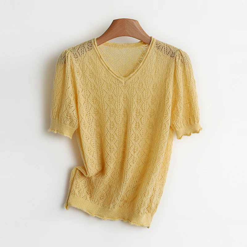 ملابس تريكو نسائية ذات لون بسيط على شكل حرف V مفرغة لخريف 2025 جديدة من الألياف الدقيقة #3