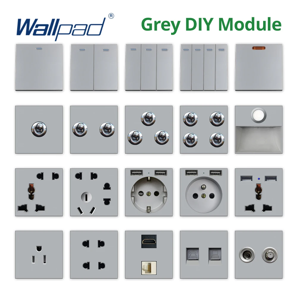 Wallpad Grey DIY Module Function Key Wall Light Reset Switch Toggle Button Electric Power Socket USB Charge Port 110 220V