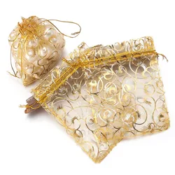 10pcs Gold Eyelashes Print Organza Sheer Gauze Bags Fashion Jewelry Packaging Bags Wedding Party Drawstring Gift Bags Pouches