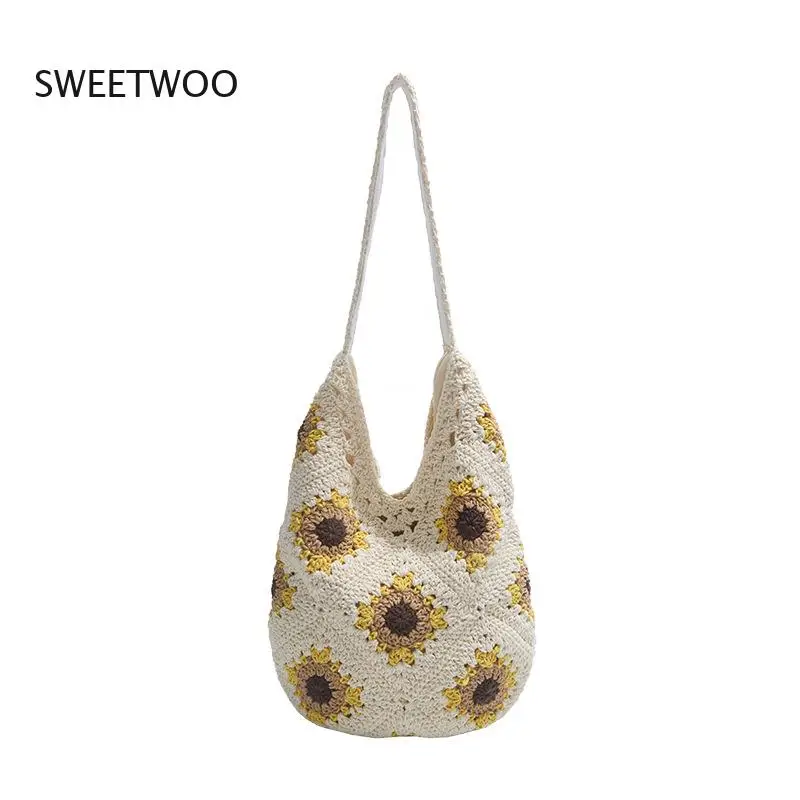 Women's Handmade Crochet Granny Square Tote Bag Large Capacity Bohemian Shoulder Bag for Daily Use