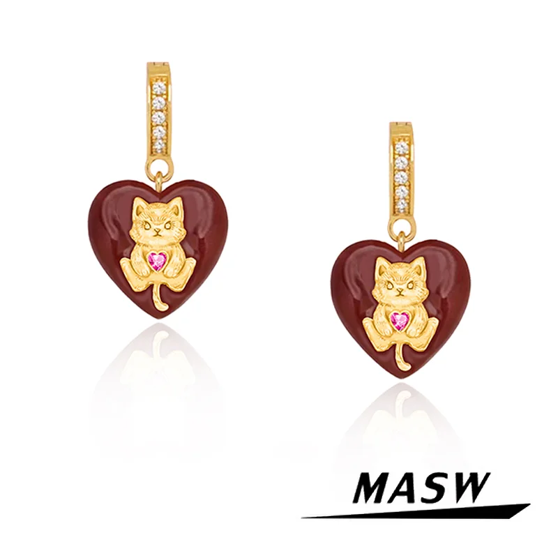 

MASW Original Design Sweet Style Shiny Glass Crystal Red Heart Cute Cat Earrings For Women Girl Gift Trend Jewelry Hot Sale