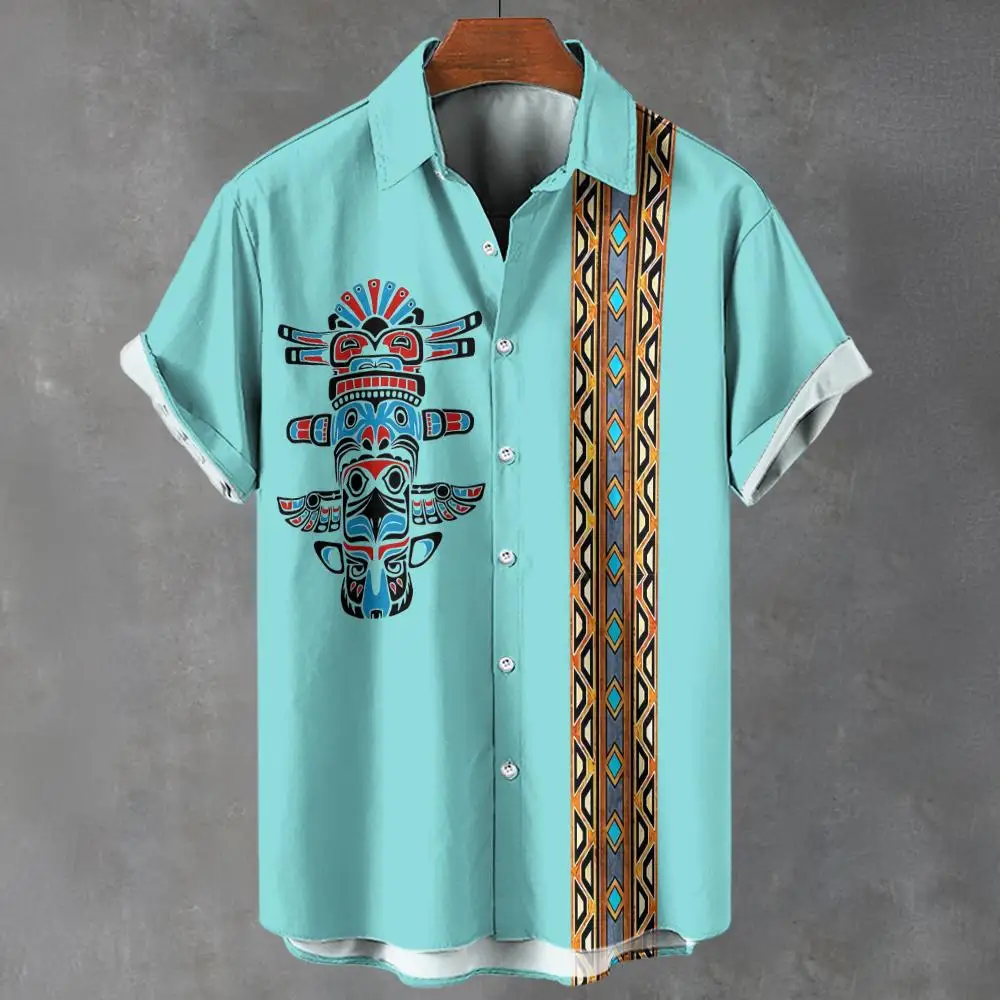 Vintage Men\'s Shirt Ethnic Pattern Print Short Sleeve Tees Lapel Shirts Summer Fashion Casual Streetwear Male Oversized Clothing