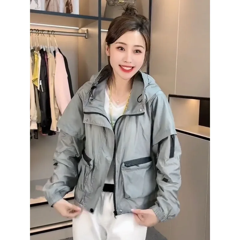 Zipper Sweatshirt Jacket Thin Coat Summer New Fashion Sunscreen Tops Women Large Pocket Patchwork Color Drawstring Hooded