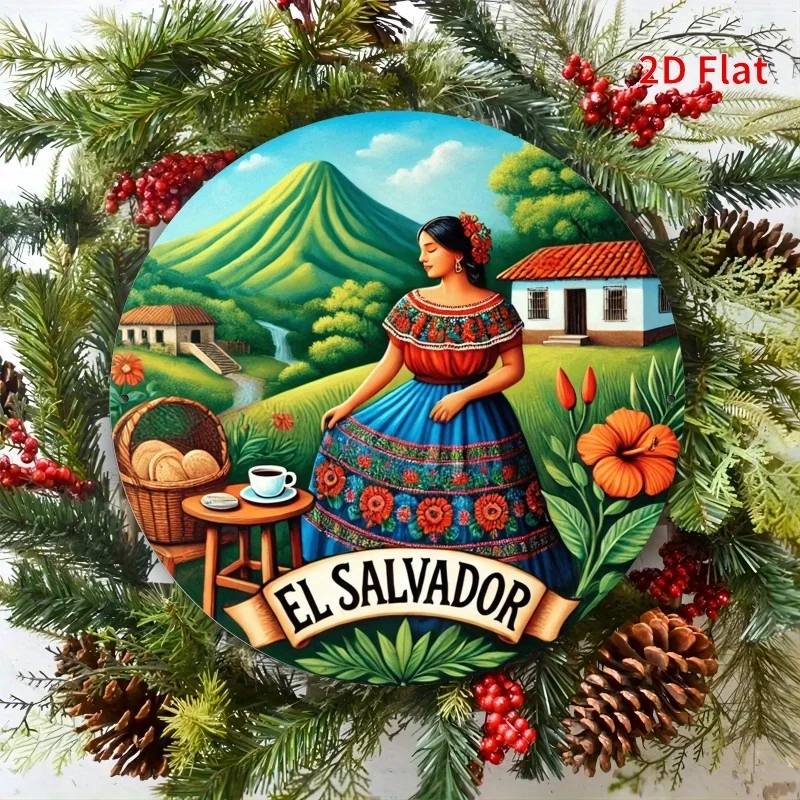 2D Flat, 1pc Salvadoran Countryside Metal Wall Decor - Traditional Woman in Blue Dress with Coffee Cup, Volcanic Landscape - Cul