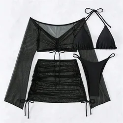 4 Piece Bikinis Sets Extrem String Thong Swimsuit Off-shoulder Cover-ups Drawstring Y2K Swimwear Women Beach Outfit Bathing Suit