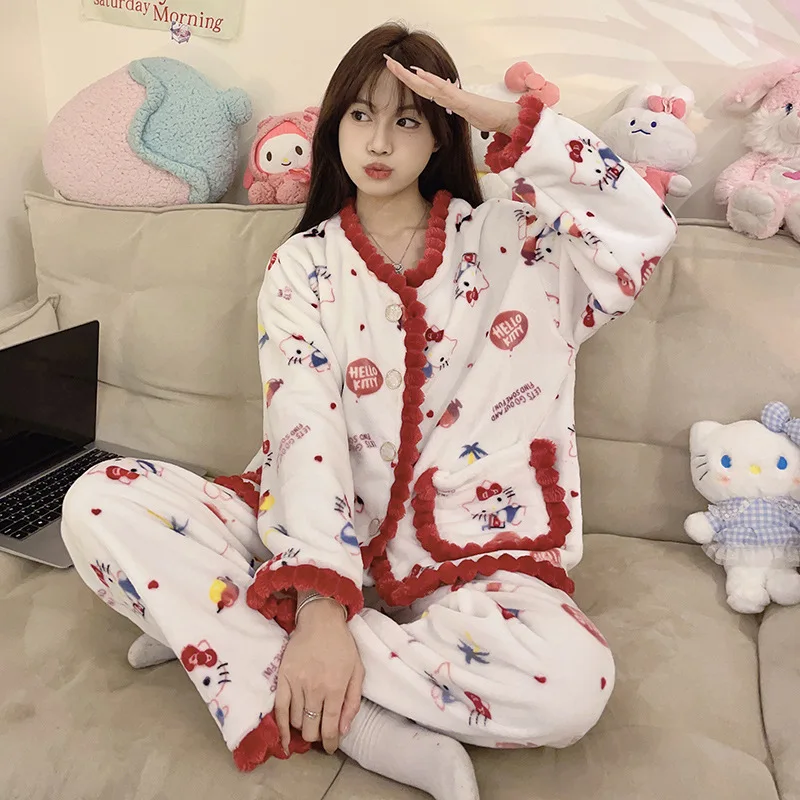 

New Sanrio Hello Kitty Can Go Out Pajamas Cute Flannel Cardigan Loungewear Thickened Long-sleeved Pants Loose Set Christmas Gift