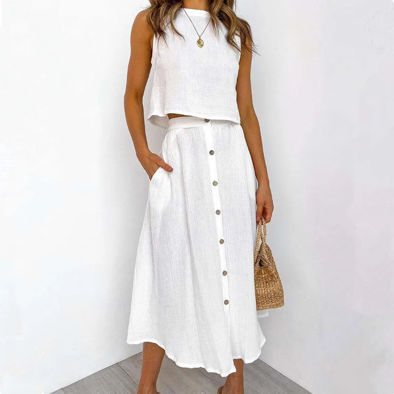 

Fashion Casual Women Summer Cotton Dress Set Round Neck Tank Mid-length Breasted Two-Piece Dress