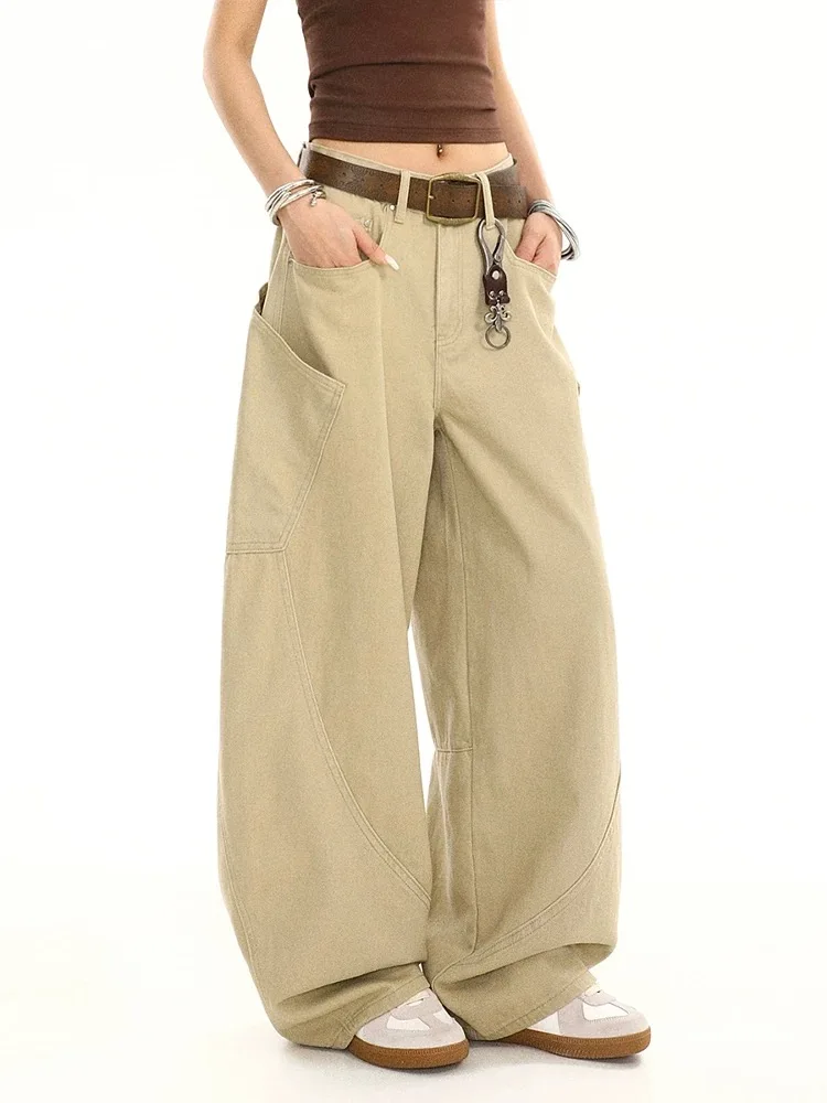 

Women Khaki Wide Leg Work Pants Summer American Casual Style with Large Pocket Curved Knife Design