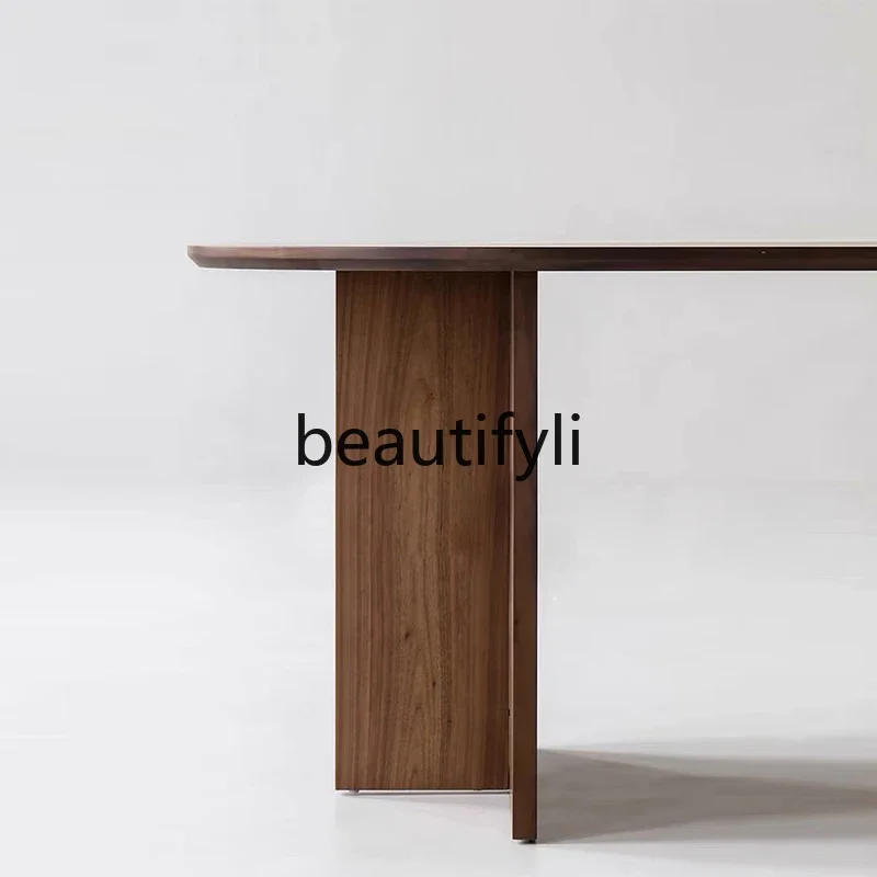 Medieval oval solid wood dining table Minimalist retro walnut color travertine household dining table