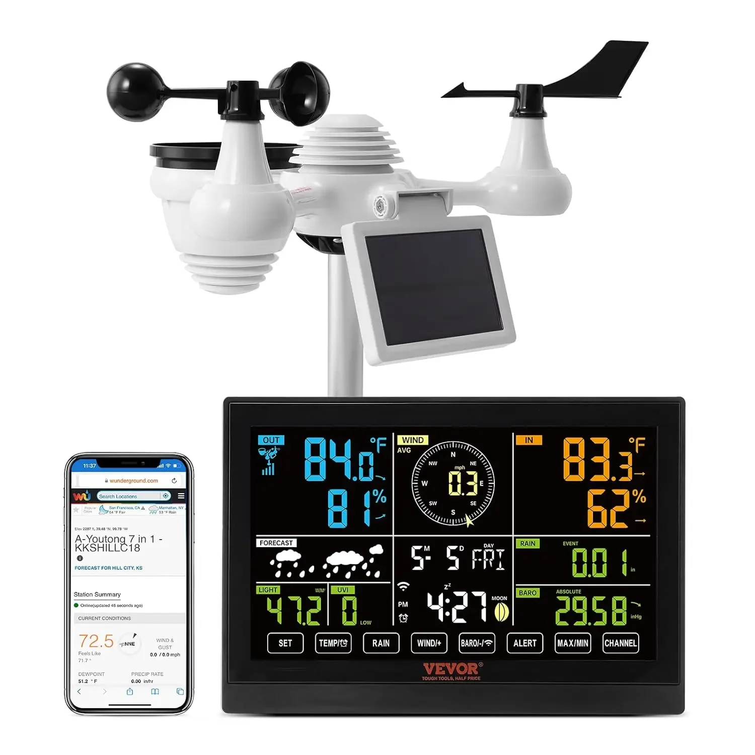 YT60234 WiFi Weather Station 7-in-1, Weather Stations WiFi Indoor Outdoor, 7.5