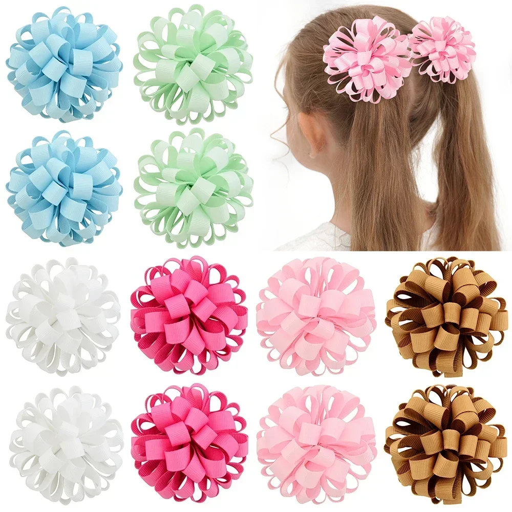 

2pcs/set 2.76'' Elastics Ribbon Flower Ball Hair Band for Girls Princess Big Grosgrain Hairrope Pretty Hair Tie Accessories Gift