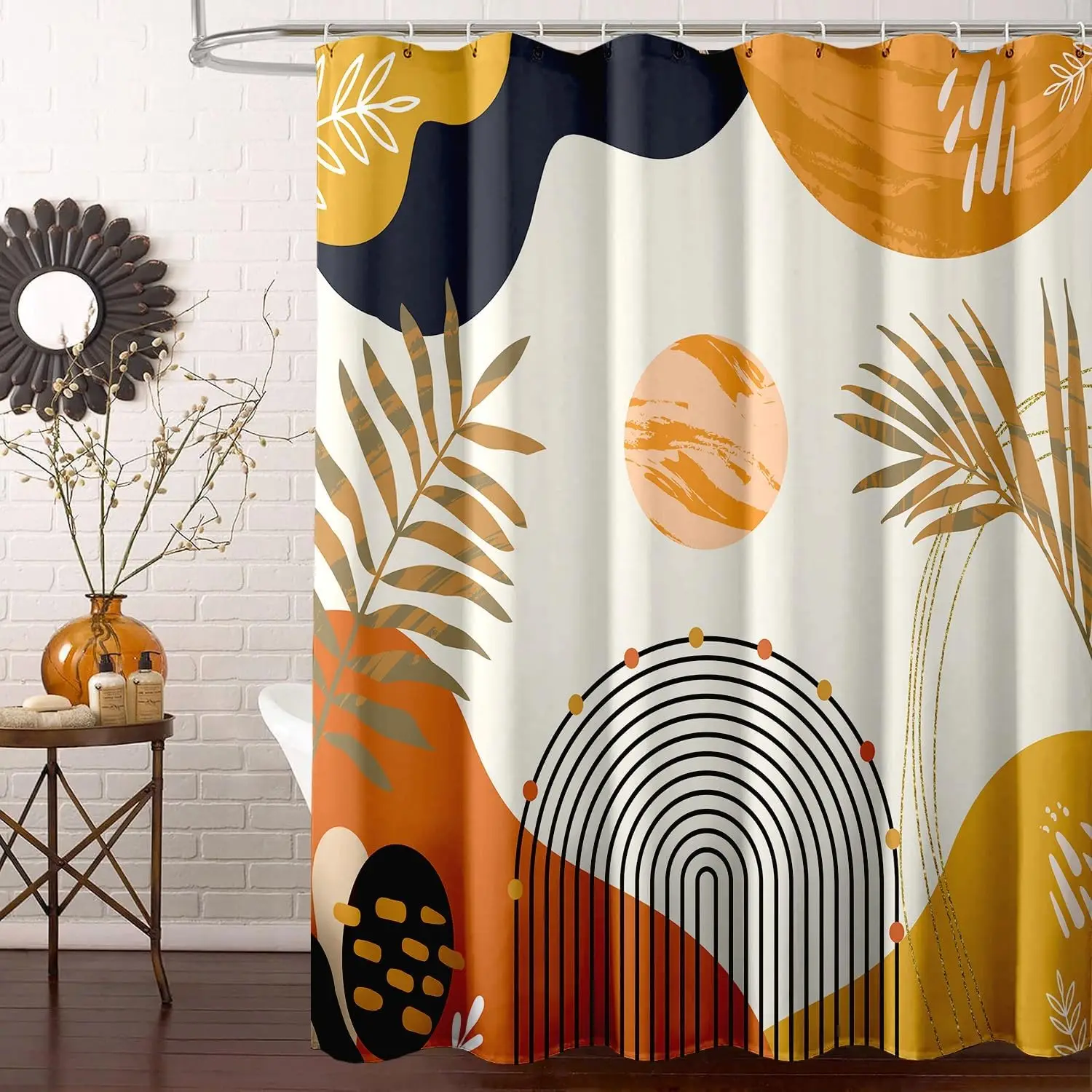 

Занавеска для душа в стиле бохо середины века, современный красочный оранжевый эстетический милый необычный декор для ванной комнаты, абстрактная растительная арка, солнечный душ