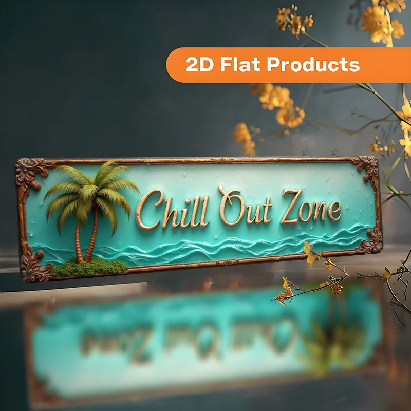 Letrero Metálico Vintage 'Chill Out Zone', Placa Decorativa de Pared con Palmeras Tropicales y Océano, Impresión Plana 2D Retro, Arte Veraniego de Playa