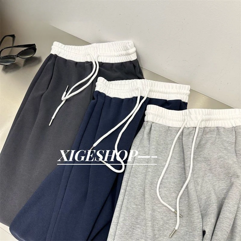 

2025 Pure Cotton Retro Splicing Casual New Spring and Autumn Sweatpants Sweatpants Straight and Thin Loose Wide-leg Pants