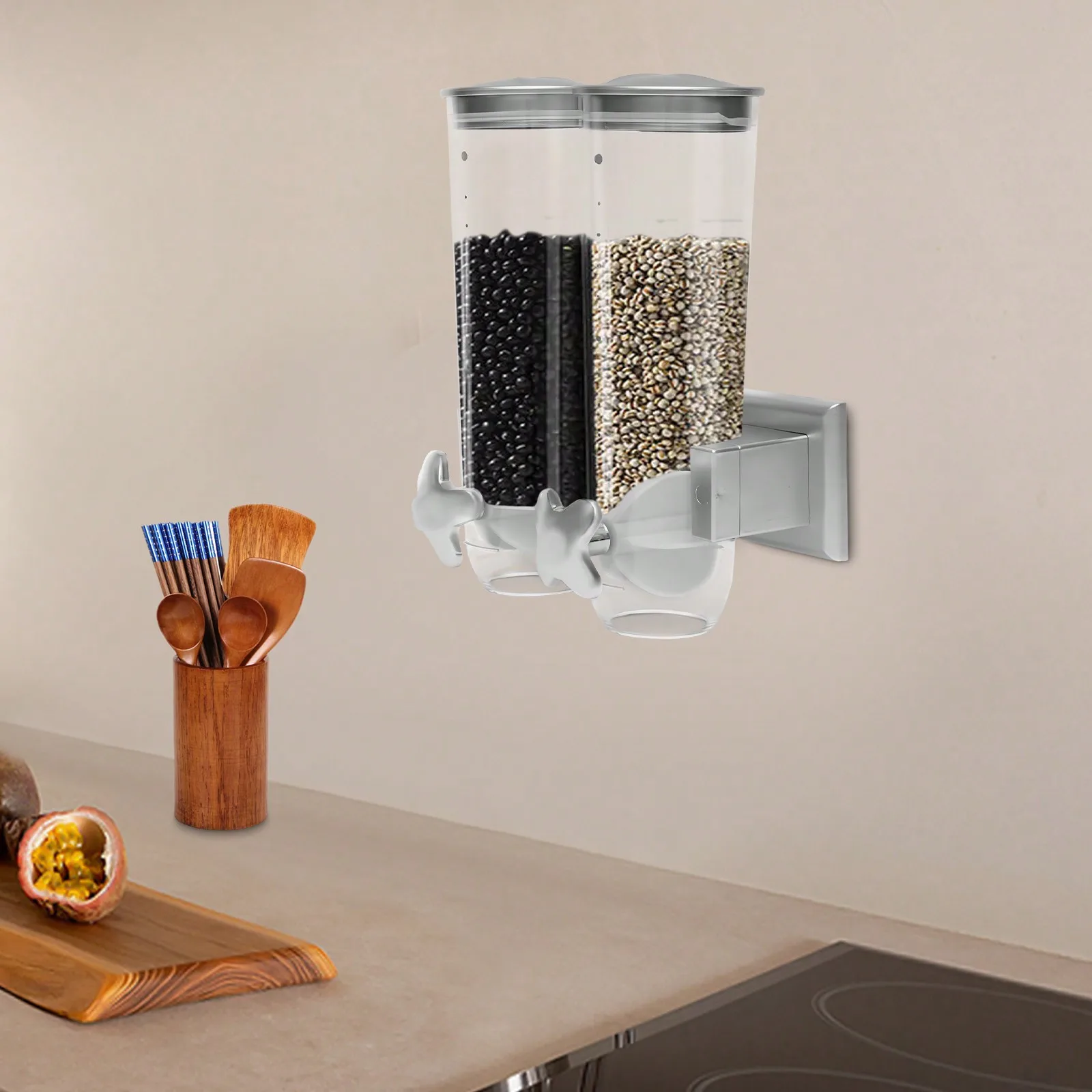

3L Rice Dispenser Wall Mount Double Cereal Dispenser Coffee Bean Dry Food Storage Container Silver