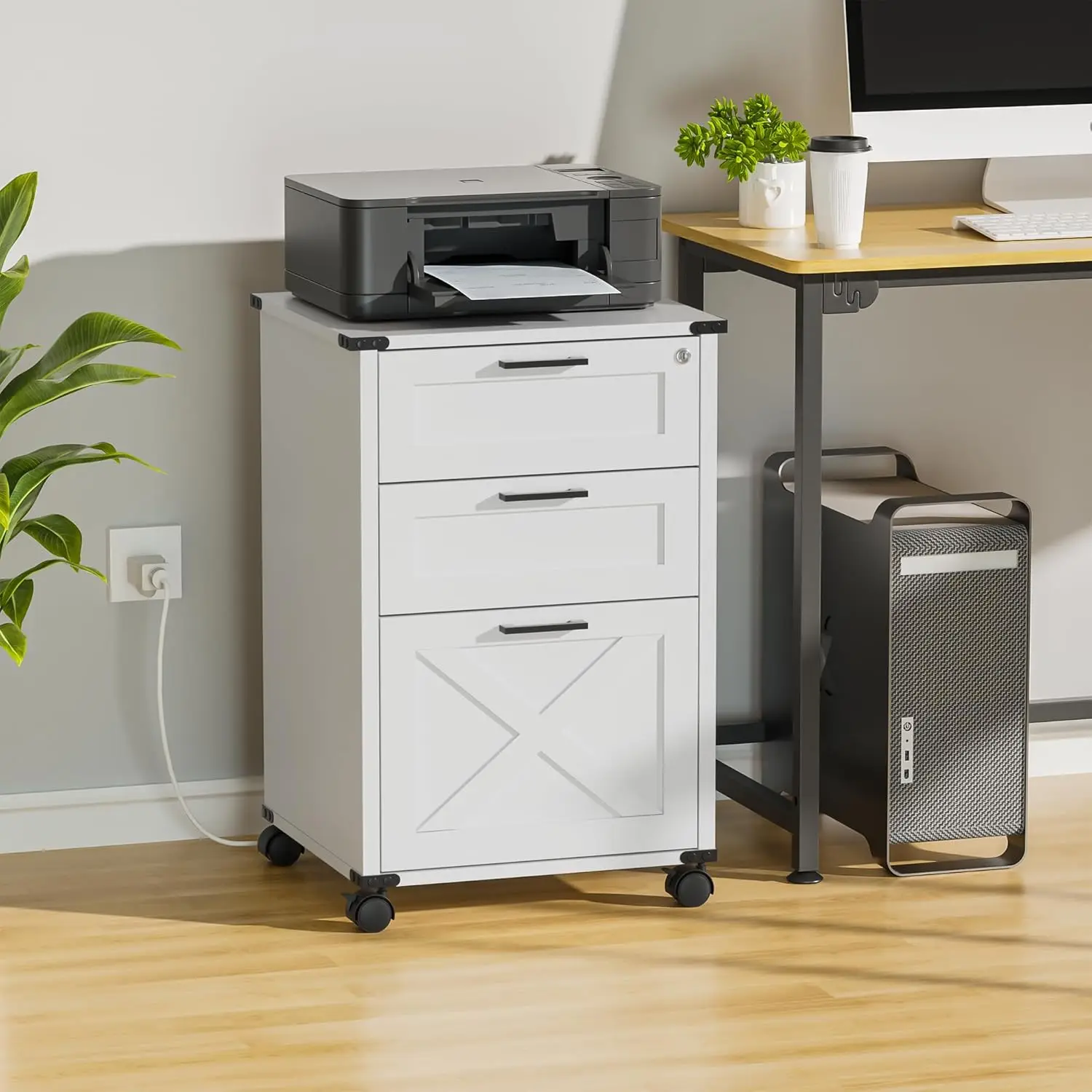 Small Wood File Cabinet with Lock, 3 Drawer Lateral Filing Cabinet for Home Office, Printer Stand with Storage, White