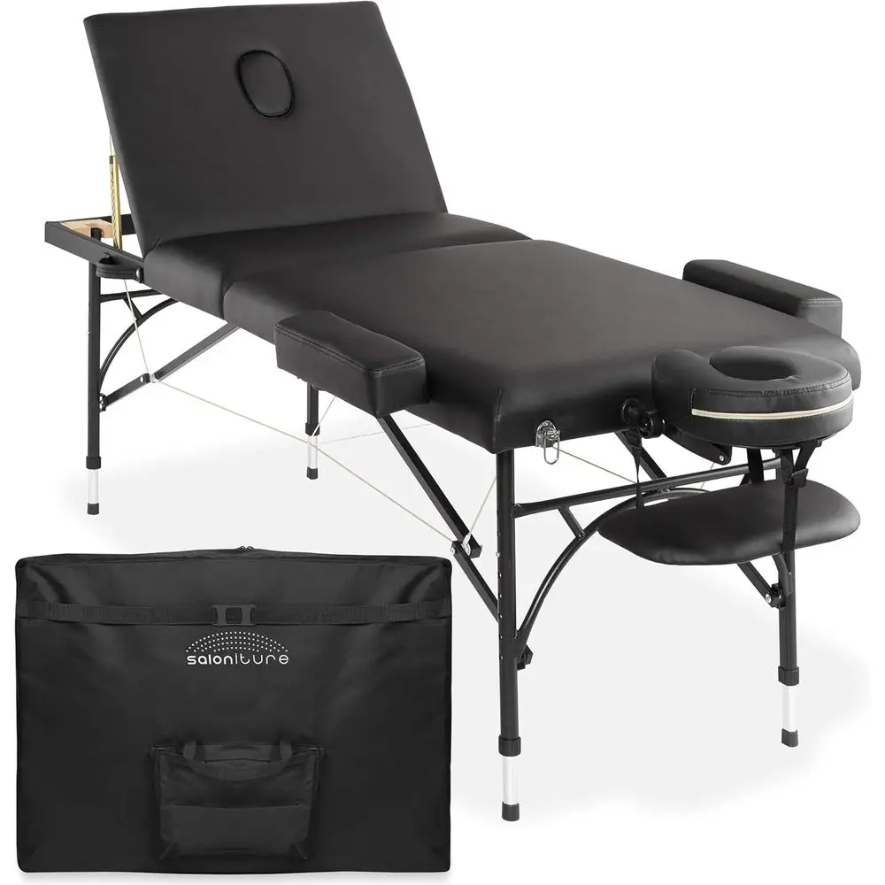 

Portable Lightweight Tri-Fold Massage Table with Legs, Face Cradle, Armrests, and Carrying Case - Black