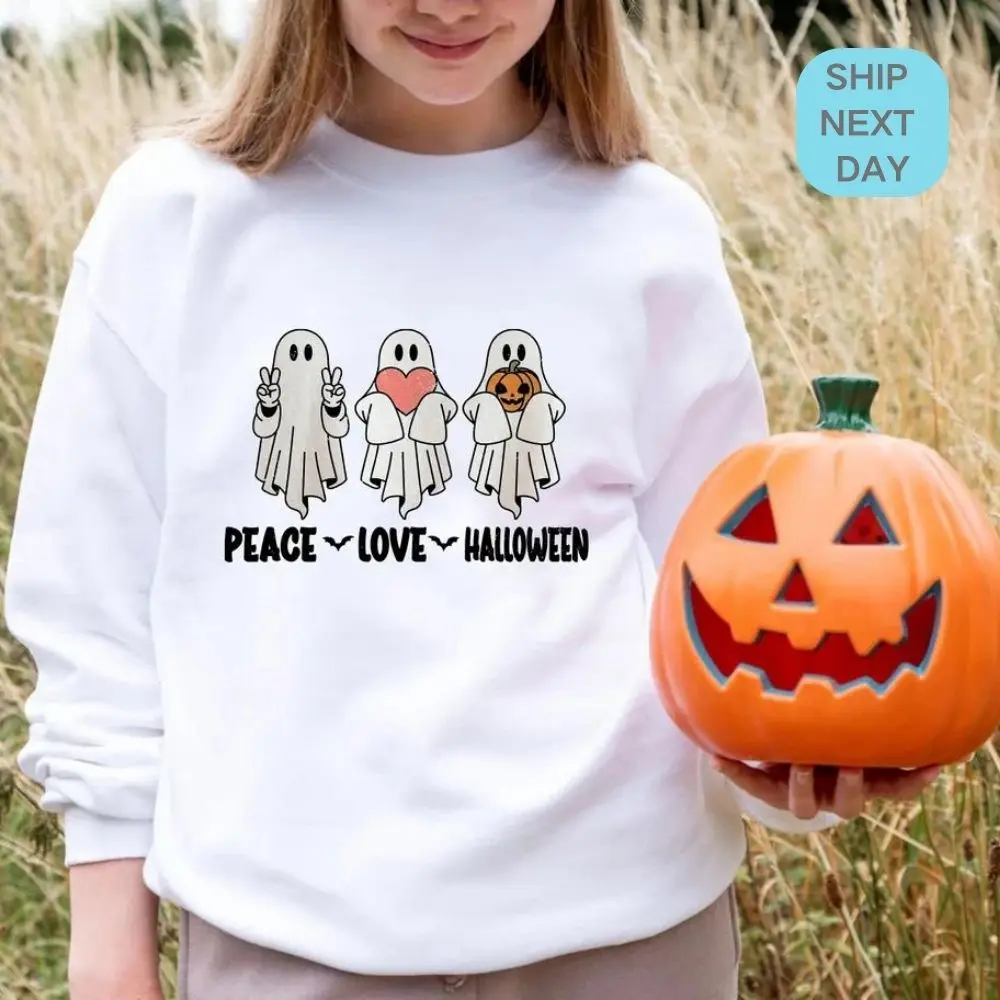 Peace Love Halloween Sweatshirt Ghost Shirt Trick Or Treat Funny Sweater Halloween Gift Tis the Season Spooky Season Clothes