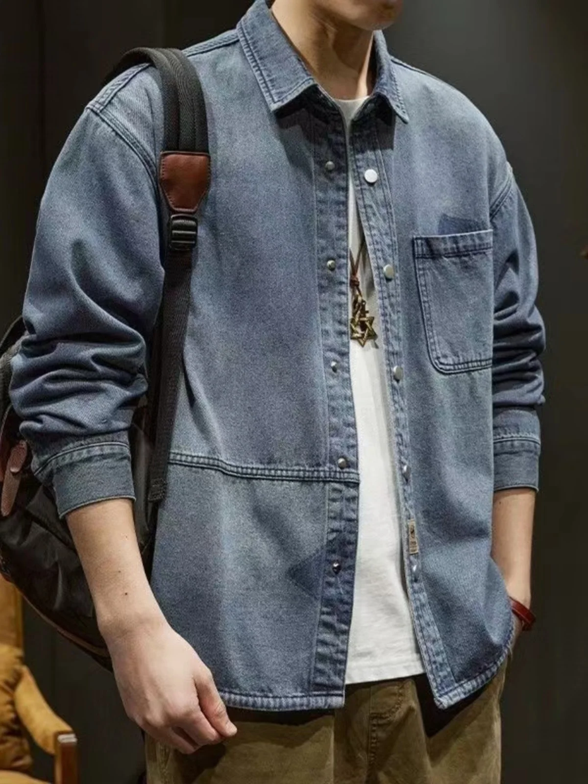 

Американская джинсовая куртка в стиле ретро для мужчин, свободного кроя, с воротником, для весны и осени, модный бренд