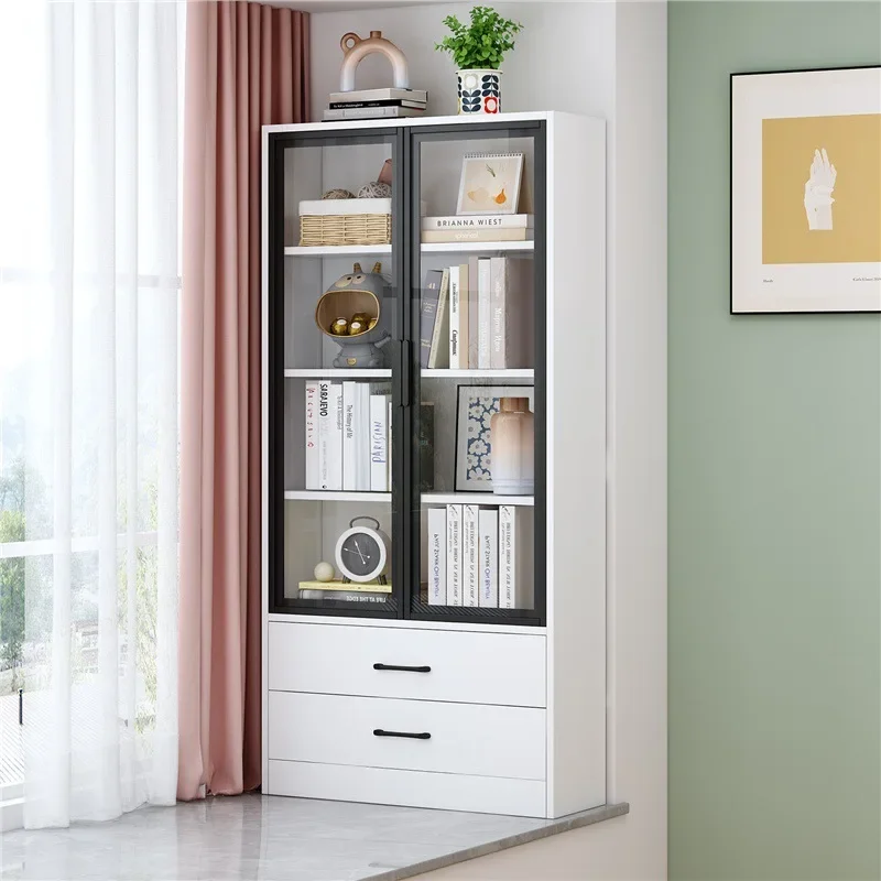 Solid wood bay window bookshelf floor shelf children's household bookcase balcony cabinet drawer glass door storage storage