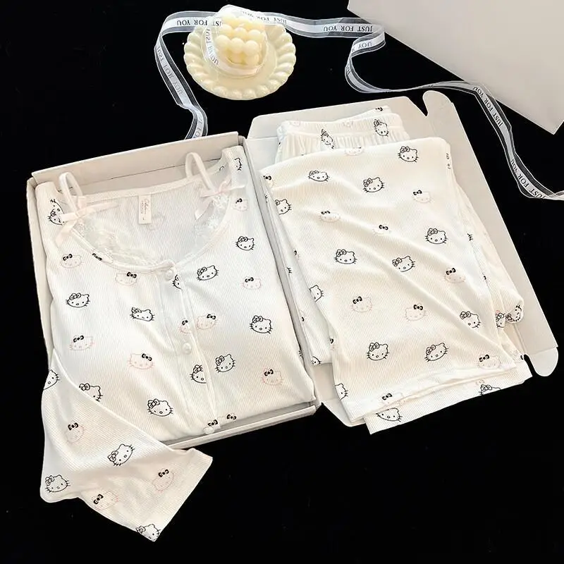 

Пижамы Sanrio Hello Kitty для женщин, домашняя одежда, новый стиль, милый мультяшный дизайн, с длинными рукавами, весна-осень-лето, комплект для отдыха, пижамные штаны