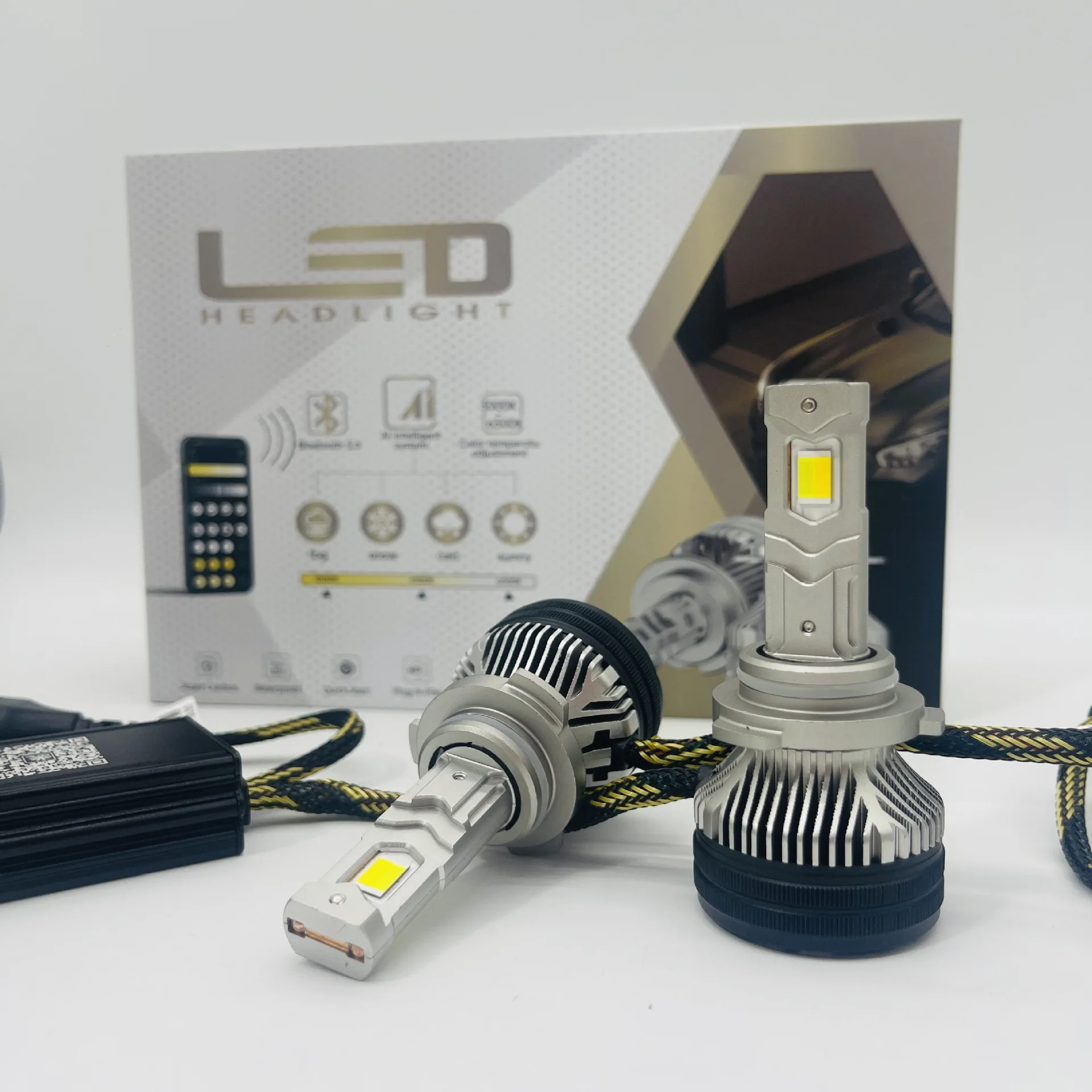 New high-power mobile phone APP control h4 light bulb white and yellow two-color 80W car led headlight 9005 car light